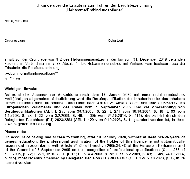 Urkunde über die Erlaubnis zum Führen der Berufsbezeichnung 'Hebamme/Entbindungspfleger' (BGBl. 2023 I Nr. 359 S. 44)
