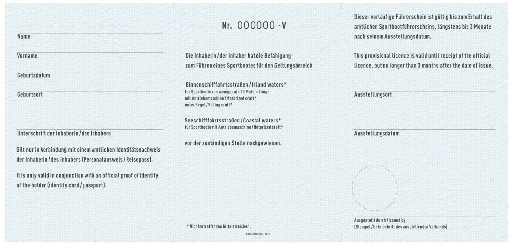 Vorläufiger Sportbootführerschein Rückseite (BGBl. 2023 II Nr. 105, S. 38)