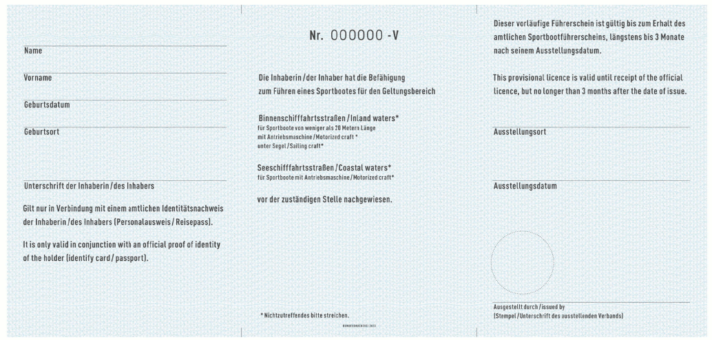 Vorläufiger Sportbootführerschein Rückseite (BGBl. 2023 II Nr. 105, S. 38)