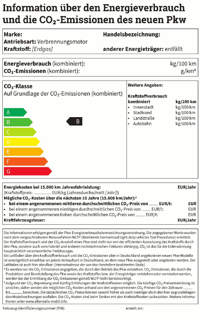 Muster 2 für Personenkraftwagen mit Verbrennungsmotor, angetrieben durch komprimiertes Methan (BGBl. 2024 I Nr. 50 S. 14)