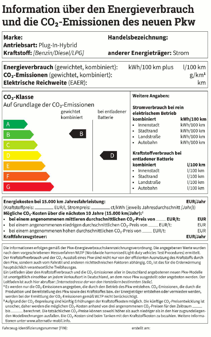 Muster 3 für Personenkraftwagen mit extern aufladbarem hybridelektrischen Antrieb (BGBl. 2024 I Nr. 50 S. 15)