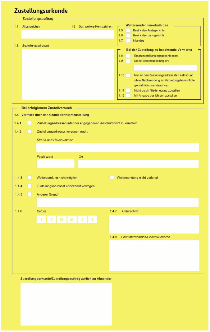 Abb. Muster Zustellungsurkunde Seite 1 (BGBl. 2025 I Nr. 103 S. 3)
