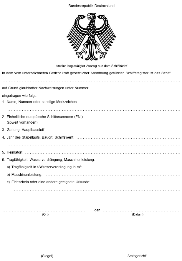 Muster Amtlich beglaubigter Auszug aus dem Schiffsbrief (BGBl. 2026 I Nr.&nbsp;184 S.&nbsp;10)