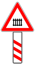Zeichen 153 dreistreifige Bake (links) - vor beschranktem Bahnübergang - (BGBl. I 1992 S. 682)